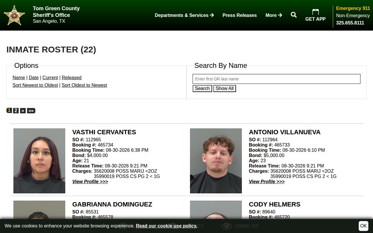 Tom Green County released booking record roster interface
