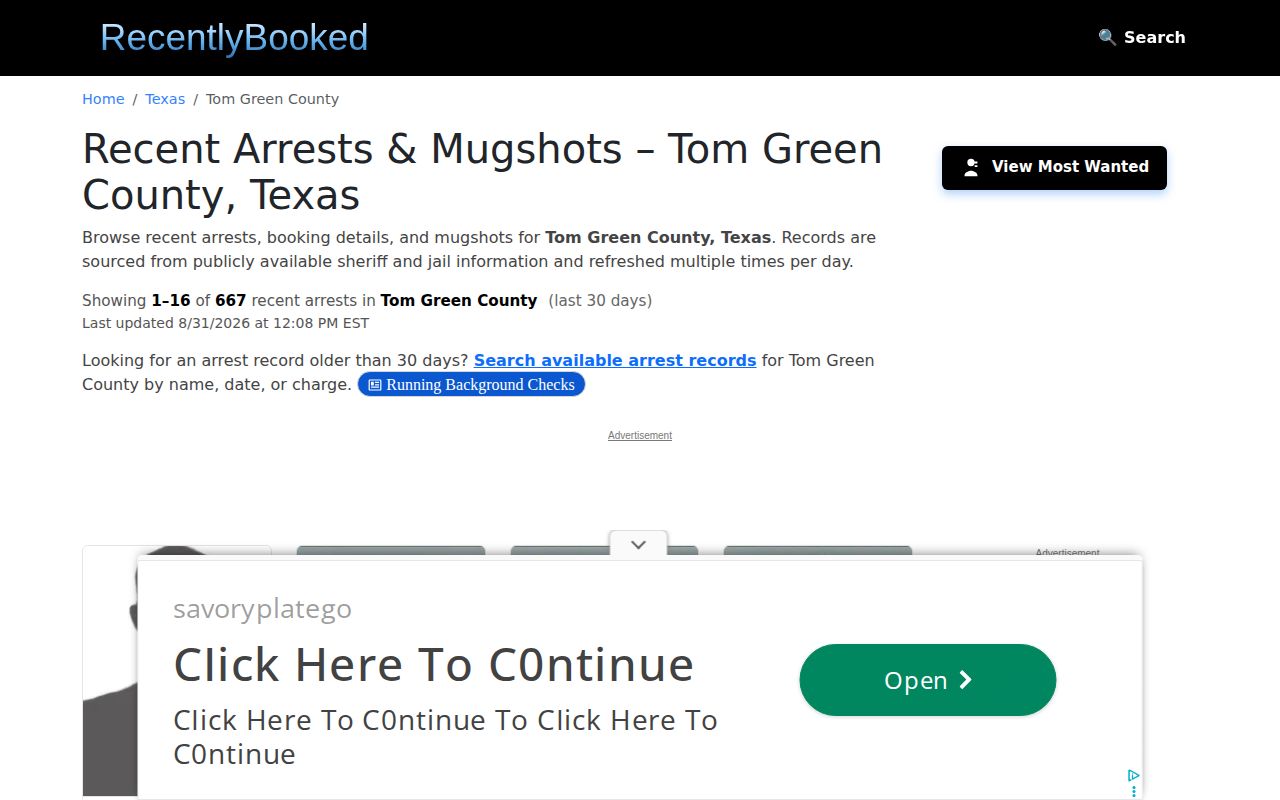 Tom Green County unofficial booking-record news index interface